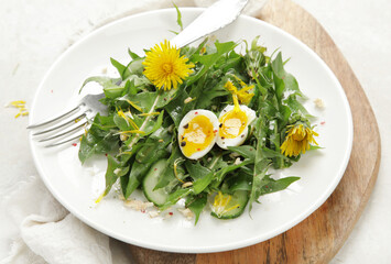 Canvas Print - Fresh dandelion salad on light background.