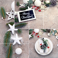 Wall Mural - Collage of Christmas white and green table decoration.