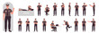Male policeman character in dynamic poses, side, front and back view set vector illustration. Cartoon young security guard holding gun and traffic ticket, man in cop uniform posing isolated on white