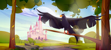 Black Eagle, Falcon Or Hawk Sit On Tree Branch Over Landscape With Pink Magic Castle On Green Hill, Fairy Tale Palace With Turrets. Wild Bird On Beautiful Nature Background Cartoon Vector Illustration