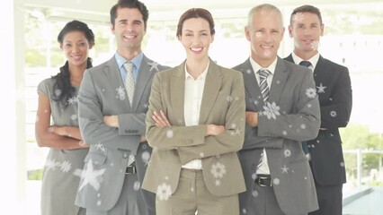 Poster - Animation of businessman handshake over cityscape