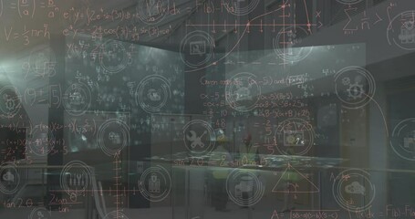 Poster - Animation of falling icons over data processing on dark background