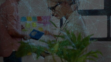 Poster - Animation of network of connections over caucasian female businesswoman in office