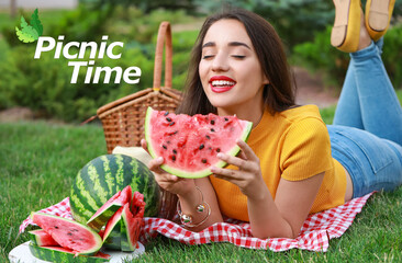 Wall Mural - Beautiful young woman eating sweet watermelon in park. Picnic time