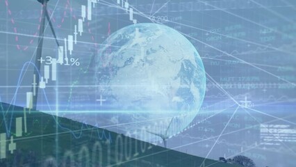Poster - Animation of financial data and globe over wind turbine