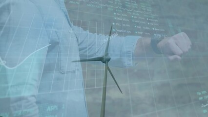 Poster - Animation of financial data and businessman over wind turbine