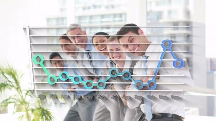 Poster - Animation of graphs over happy diverse businesspeople pulling rope