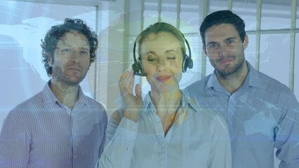 Poster - Animation of connections and world map over happy caucasian female and male call center workers