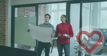 Poster - Animation of heart over diverse female and male coworkers talking in office