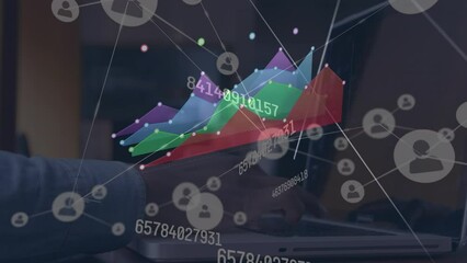 Poster - Animation of network of connections and data processing over person using laptop