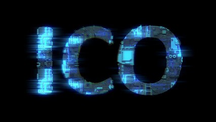 Poster - abstract glitch cybernetic text ICO glowing blue electric light, isolated