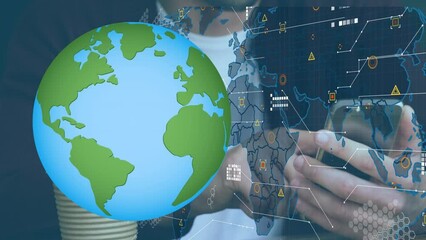 Poster - Animation of globe, world map and icons over hands of caucasian man using smartphone