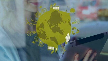 Poster - Animation of globe with icons over hands of caucasian woman using tablet