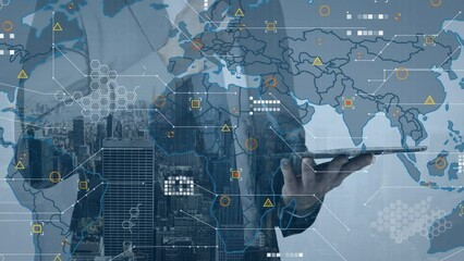 Poster - Animation of world map over hands of caucasian businessman using tablet