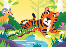 Tiger And Crocodile In Jungle Story Illustration