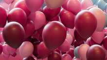 Magenta, Pink And Duck Egg Blue Balloons Rising In The Air. Fun, Birthday Background.