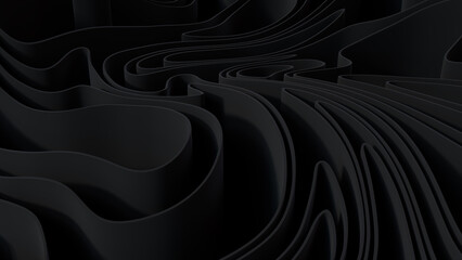 Abstract wallpaper formed from Black 3D Undulating lines. Dark 3D Render.  