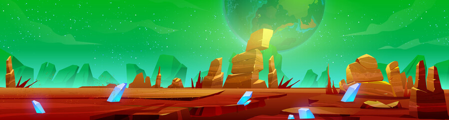 Wall Mural - mars landscape, alien planet background, red desert surface with mountains, blue cristals and stars 
