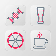 Sticker - Set line Coffee cup, Radioactive, Glass beer and DNA symbol icon. Vector