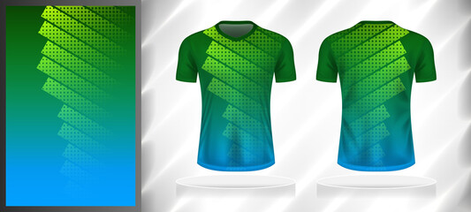Wall Mural - Vector sport pattern design template for V-neck T-shirt front and back with short sleeve view mockup. Green-blue color gradient geometric square halftone texture background illustration.