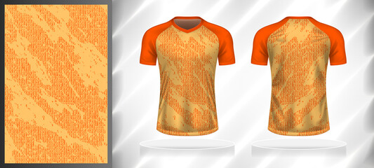 Wall Mural - Vector sport pattern design template for T-shirt front and back view mockup. Dark and light shades of orange color abstract texture background illustration.