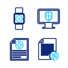 Sticker - Set line Transfer files, Clinical record, Monitor and shield and Smartwatch setting icon. Vector