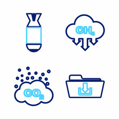 Sticker - Set line Folder download, CO2 emissions in cloud, Methane reduction and Aviation bomb icon. Vector