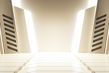 Poster - Contemporary futuristic spaceship interior with lights and mock up place on wall. Design and space concept. 3D Rendering.