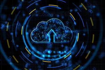 Poster - Cloud computing technology and data storage concept with digital graphic glowing blue cloud symbol with arrow up surrounded in abstract blue and yellow circles. 3D rendering