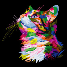 Colorful Funny Cat On Pop Art Style Isolated Black Backround