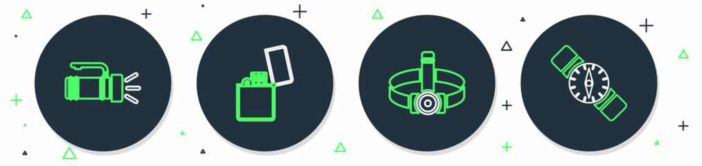 Sticker - Set line Lighter, Head flashlight, Flashlight and Compass icon. Vector