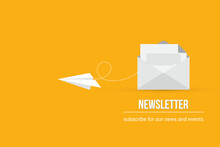 Newsletter. Vector Illustration Of Email Marketing. Subscription To Newsletter, News, Offers, Promotions. A Letter And Envelope. Subscribe, Submit. Send By Mail.