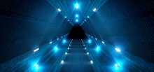 Futuristic Interior Corridor With Blue Neon Lights Walls. Triangle Shaped Spaceship Background In Space Station. Pyramid Style Tunnel With Lit Path Way. Cyber Room With Laser. 3d Rendering