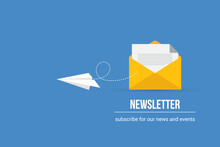 Newsletter. Illustration Of Email Marketing. Subscription To Newsletter, News, Offers, Promotions. A Letter And Envelope. Subscribe, Submit. Send By Mail.