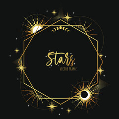 Magic vector frame with moon, stars and constellations. Gold elegant ornament. Mystic frame for tarot, esoteric, astrology design. Template for poster and prints.