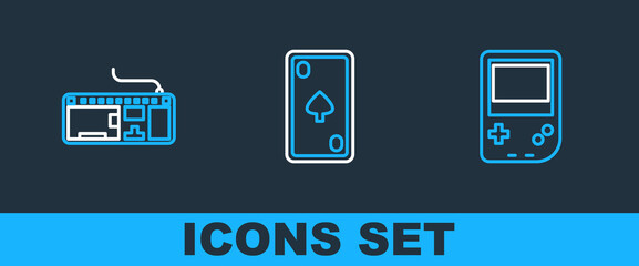Poster - set line portable video game console, computer keyboard and playing card with diamonds icon. vector
