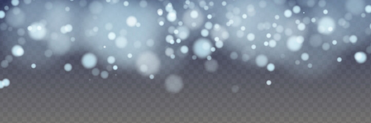 Wall Mural - Vector falling snow effect isolated on transparent background with blurred bokeh.