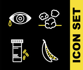 Sticker - Set line Dust, Kidney beans, Medicine bottle and pills and Reddish eye allergic conjunctivitis icon. Vector