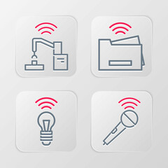 Wall Mural - Set line Wireless microphone, Smart light bulb, printer and Robotic robot arm hand factory icon. Vector