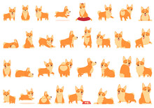 Royal Corgi Icons Set Cartoon Vector. Animal Dog. Breed Baby