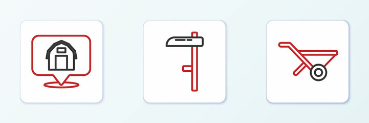 Sticker - Set line Wheelbarrow, Location farm house and Scythe icon. Vector