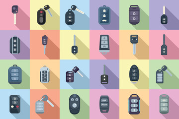 Sticker - Smart car key icons set flat vector. Driver mobile