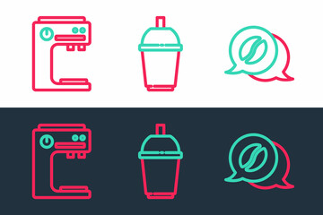 Sticker - Set line Coffee and conversation, machine and cup to go icon. Vector