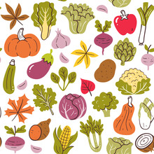 Colorful Autumn Seasonal Vegetables Seamless Pattern. Isolated Vegetables On White Background. Vector Illustration.