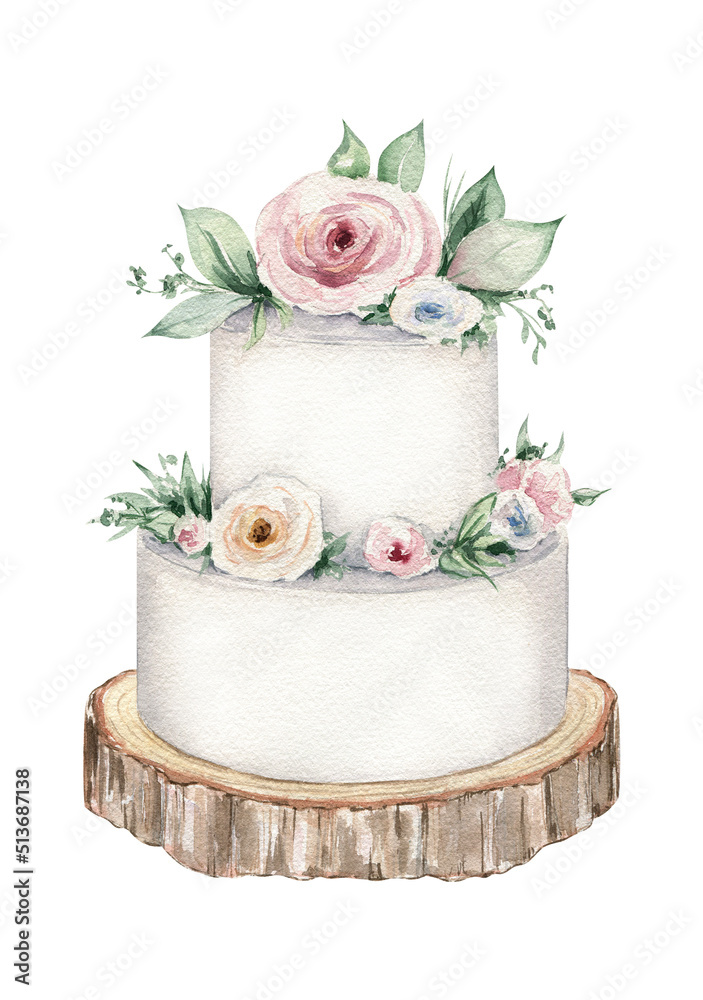 Watercolor wedding cake illustration on white background for ...