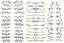 Thirty Five Hand Drawn Vector Dividers. Lines, Borders And Laurels Set. Doodle Design Elements Isolated On White Background.