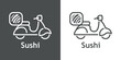 Logo reparto de comida a domicilio. Sushi japonés. Vector con silueta de scooter con texto Sushi con líneas. Fondo gris y fondo blanco