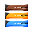 Protein bar chocolate, banana, blueberry flavors. Energy or nutritional bars in trendy flat style. Sport and fitness supplements template. Vector illustration.	
