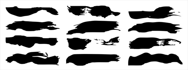 Wall Mural - Vector collection of artistic grungy black paint hand made creative brush stroke set isolated on banner background. A group of abstract grunge sketches for design education or graphic art decoration