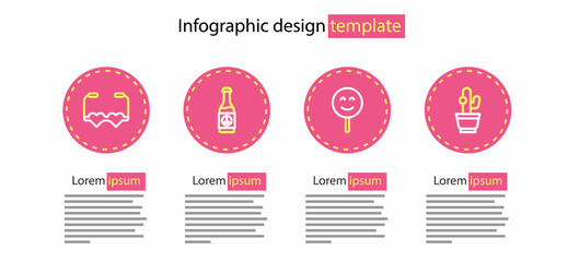 Sticker - Set line Smile face, Cactus, Beer bottle and Heart shaped love glasses icon. Vector